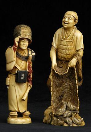 Appraisal: TWO JAPANESE CARVED AND STAINED IVORY OKIMONO The one a