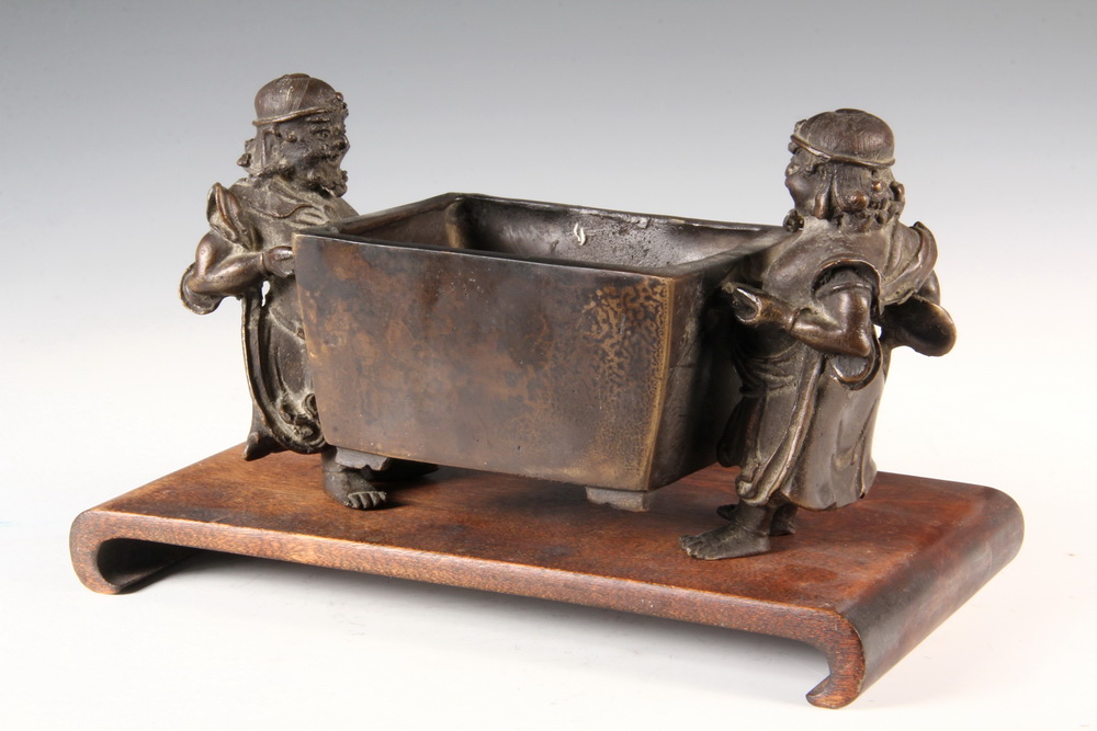 Appraisal: CHINESE BRONZE FIGURAL PLANTER ON STAND - Two Servants Carrying