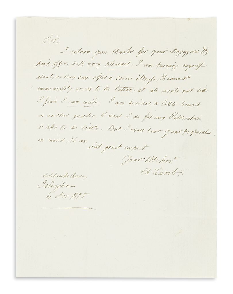 Appraisal: LAMB CHARLES Autograph Letter Signed Ch Lamb to Edward Dubois