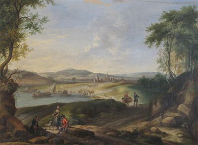 Appraisal: Flemish School th Century Travellers near a lake a town