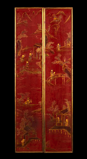 Appraisal: Tall Narrow Pair of French Parcel-Gilt and Japanned Red-Lacquer Panels