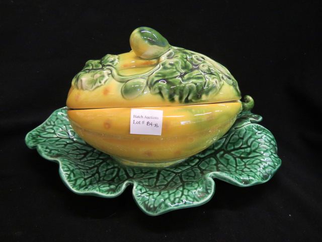 Appraisal: Sarreguemine's French Majolica Figural CoveredDish gourd shape with leaf base