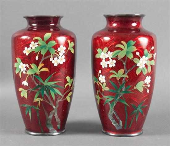 Appraisal: Pair of Japanese ginbari cloisonne enamel vases th century red