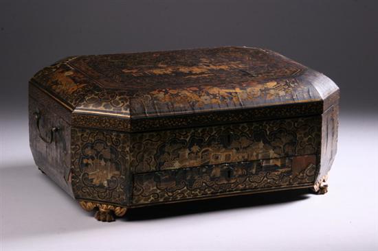 Appraisal: CHINESE BLACK LACQUER AND GILT SEWING BOX th century Painted