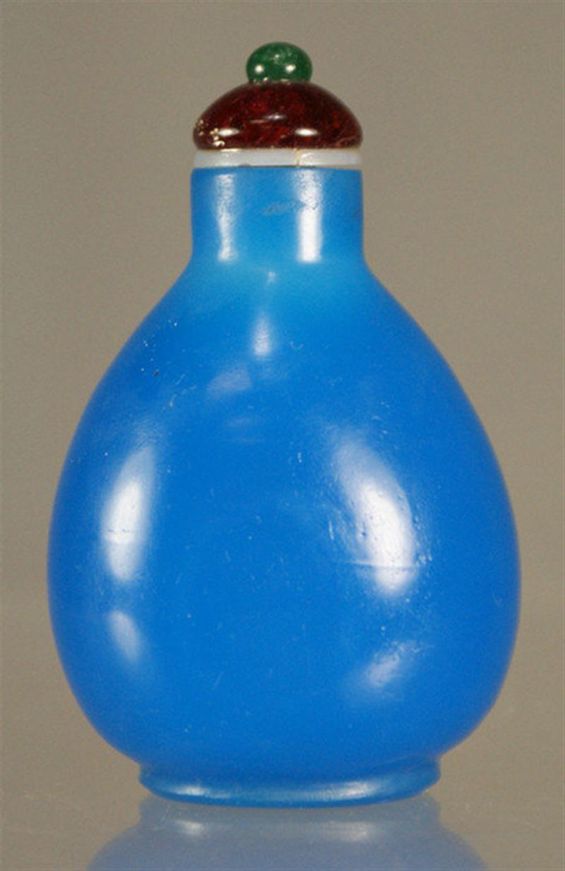 Appraisal: blue glass ovoid snuff bottle oil stone and jade stopper