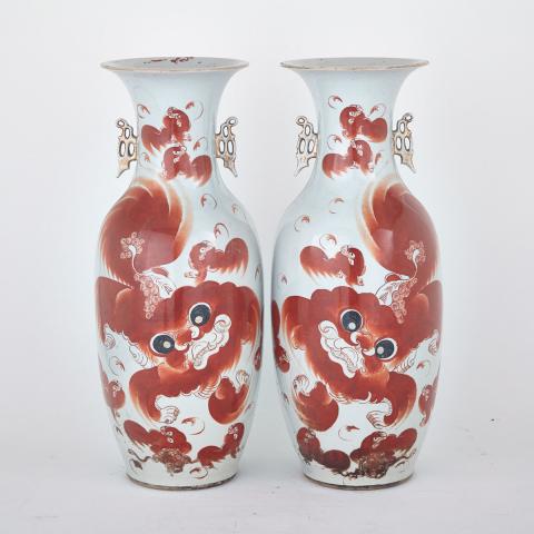 Appraisal: Pair of Large Iron Red Fu-Lion Vases Republican Period Painted