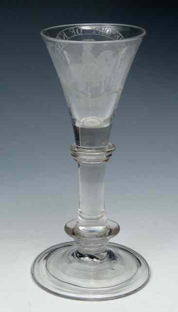 Appraisal: A WILLIAMITE-STYLE BALUSTROID WINE GLASS trumpet bowl engraved with King