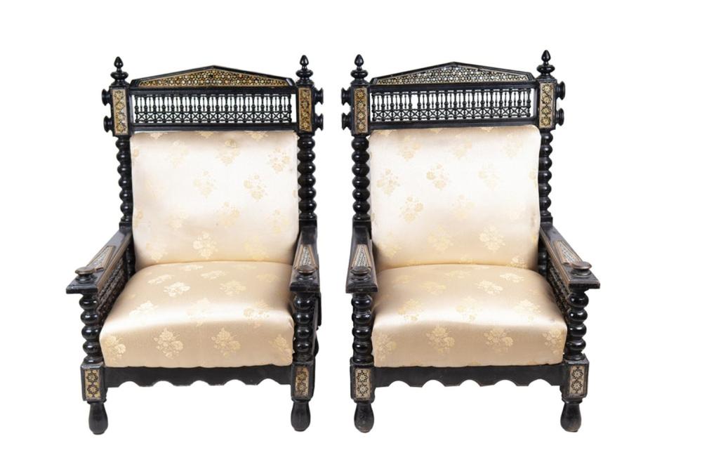 Appraisal: PAIR OF MOORISH INLAID HALL CHAIRS inches wide outside arm