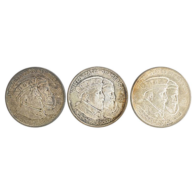 Appraisal: THREE U S COMMEMORATIVE HUGUENOT C COINS Condition Report