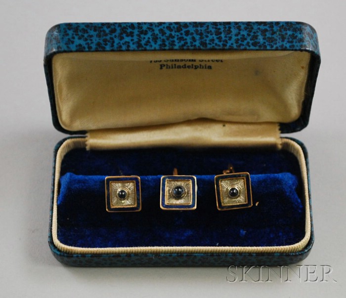 Appraisal: Gentleman's Three-piece kt Gold Enamel and Gemstone Shirt Stud Set