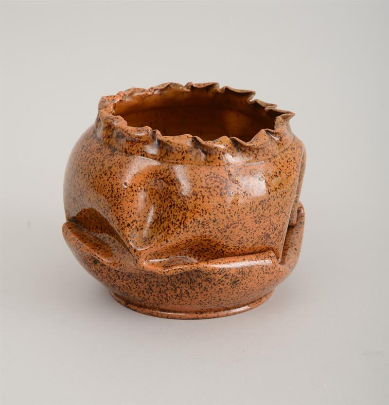 Appraisal: GEORGE OHR MUSTARD-GROUND CRUMPLED EARTHENWARE Impressed 'G E Ohr Biloxi