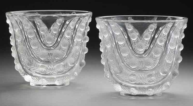 Appraisal: Pr Lalique ''Vichy'' clear glass vases each accented by molded