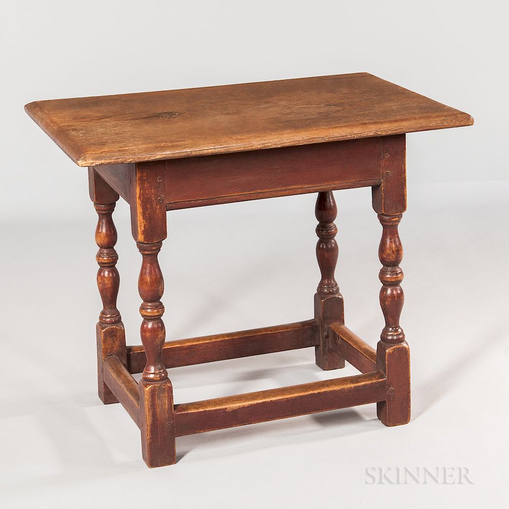 Appraisal: Red-painted Maple and Pine Turned Joint Stool Red-painted Maple and