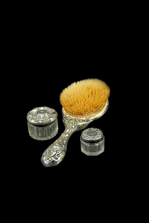 Appraisal: Art Nouveau Sterling Brush And Jars Art Nouveau Sterling Brush