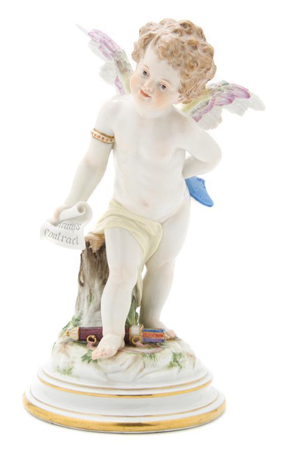 Appraisal: Meissen Porcelain Figure depicting a putto holding a scroll reading