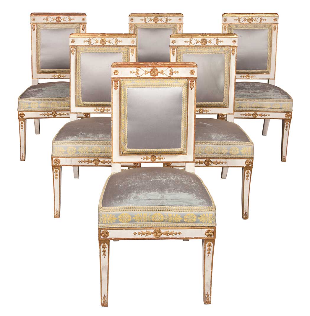 Appraisal: Set of Six Consulat Painted and Parcel Gilt Chaises a