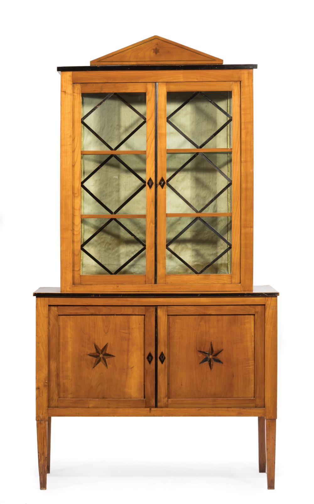 Appraisal: Continental Biedermeir Ebonized and Inlaid Vitrine pedimented top glazed surround