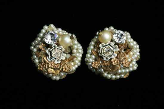 Appraisal: MIRIAM HASKELL FAUX PEARL AND RHINESTONE EARRINGS Unsigned Clip-on Circular