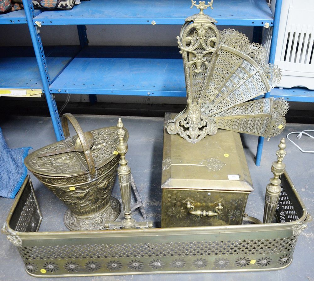 Appraisal: Brass fireplace equipment to include brass box fender andirons fan