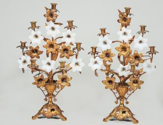 Appraisal: PAIR OF GILT METAL AND GLASS SEVEN LIGHT CANDELABRAS American