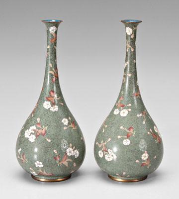 Appraisal: Pair Japanese cloisonn eacute vases pear form gilt rims cherry