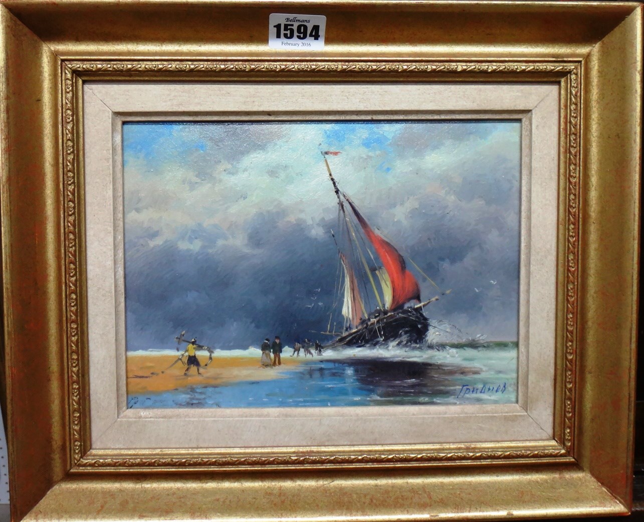 Appraisal: Russian School th century Beach scene with boat and figures