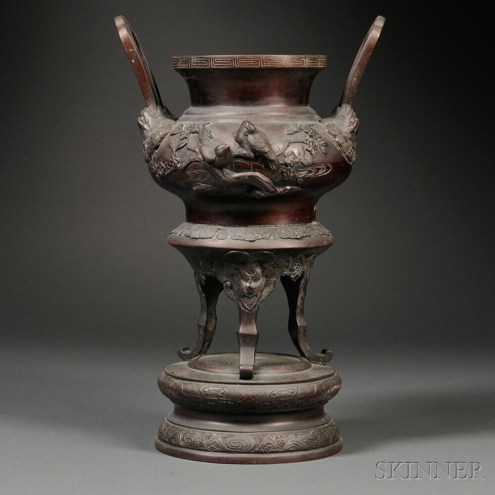 Appraisal: Bronze Incense Burner Japan with two hoop handles decorated with