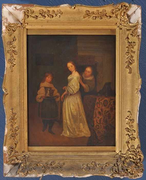 Appraisal: EUROPEAN SCHOOL LADY BEING DRESSED Oil on panel x in