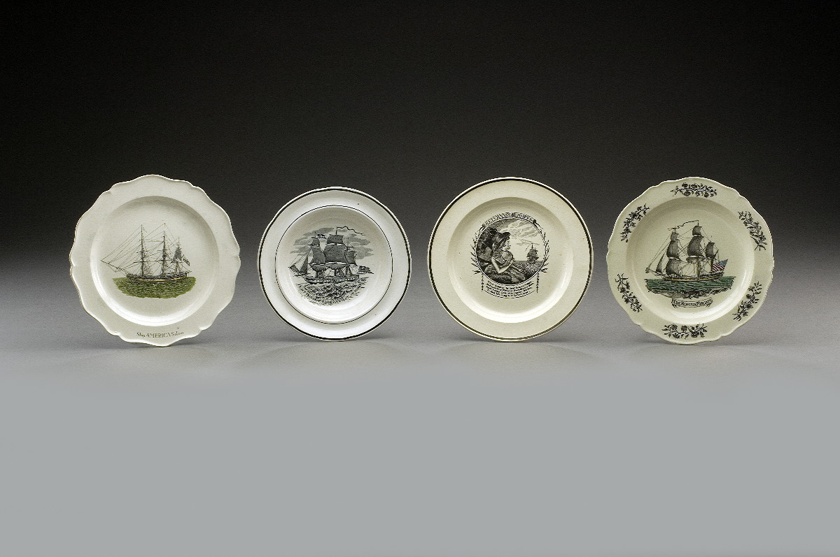 Appraisal: TWO ENGLISH CREAMWARE ENAMEL-DECORATED AND BLACK TRANSFER-PRINTED PLATES CIRCA -