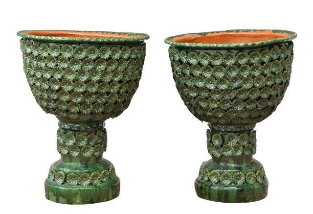 Appraisal: pair Ceramic garden urns Mexico each glazed green with textured