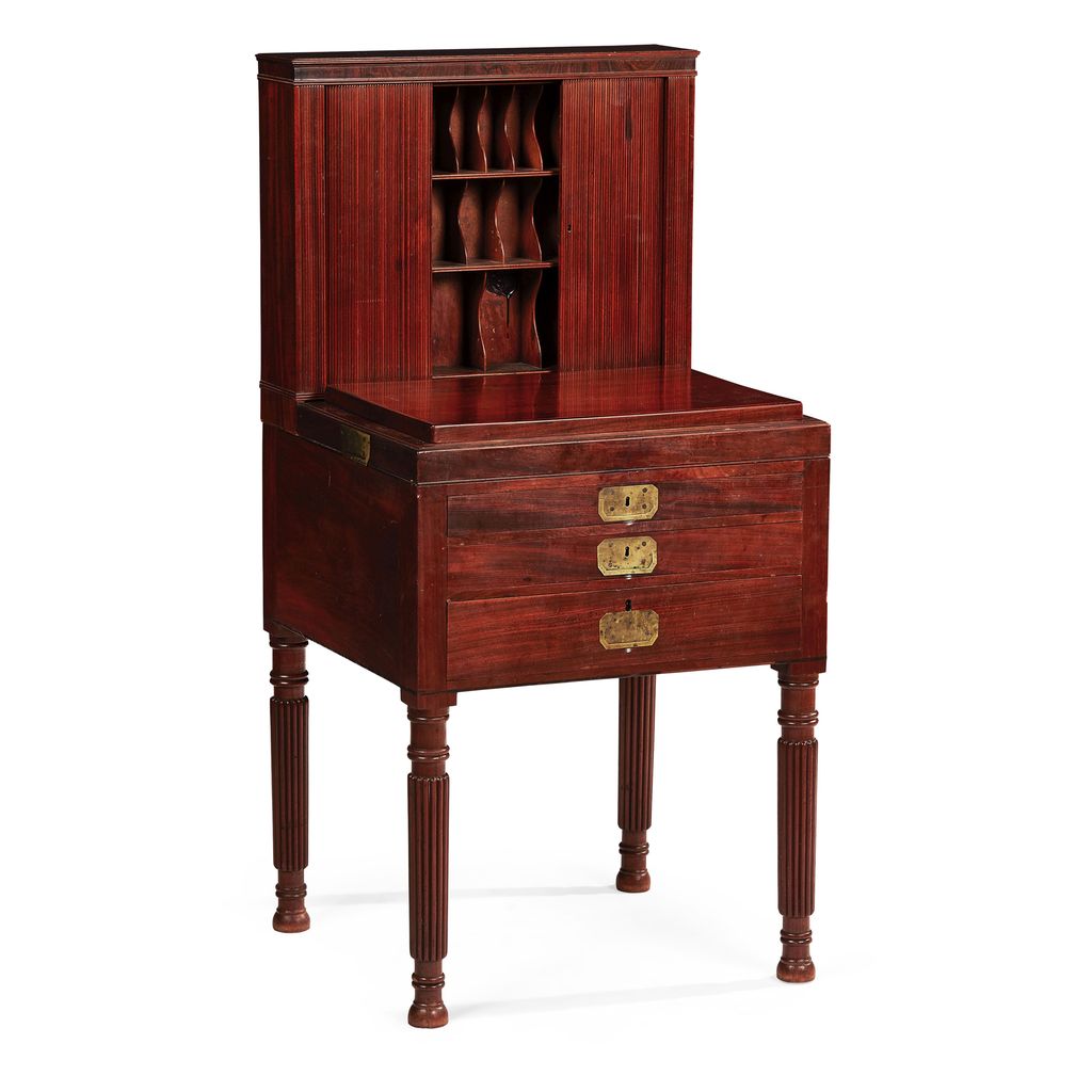 Appraisal: REGENCY MAHOGANY CAMPAIGN PHYSICIAN'S DESK WITH SWEDISH PORPHRY WORK SURFACE