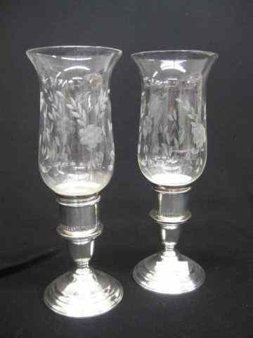 Appraisal: Sterling Silver Hurricane Lamps etched crystal shades '' tall excellent