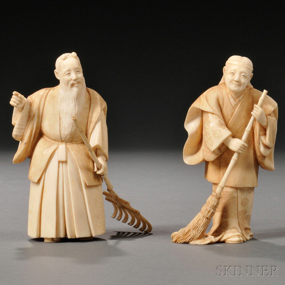 Appraisal: Two Ivory Figures Japan th century one sweeping fallen leaves