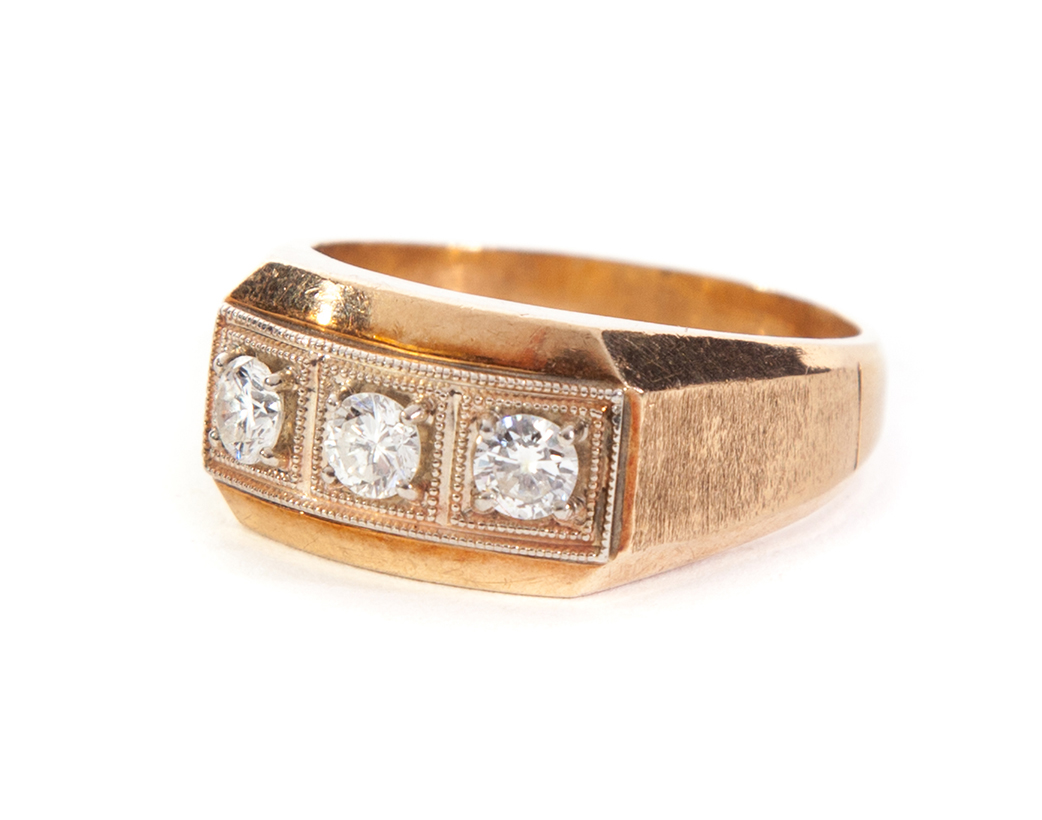 Appraisal: MEN'S GOLD RING WITH THREE DIAMONDS American mid th century