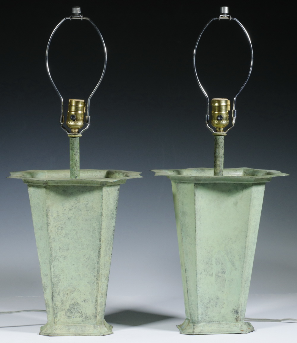 Appraisal: PR TABLE LAMPS Matching green patina metal urn form electrified