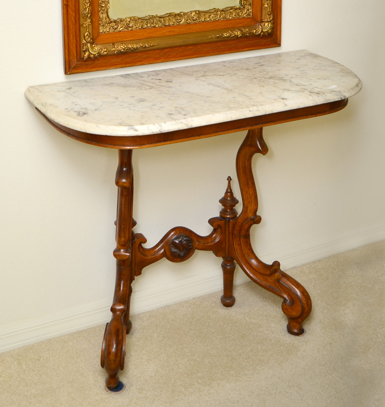 Appraisal: MARBLE TOP DEMI LUNE HALL TABLE White marble top over