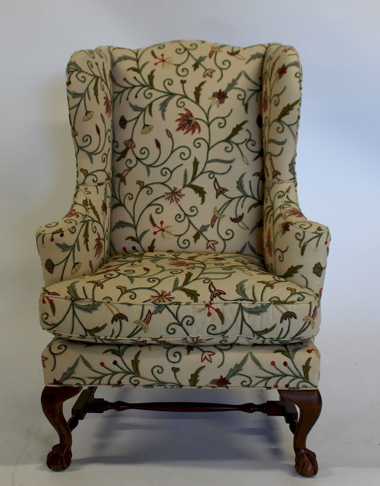 Appraisal: BAKER Signed Upholstered Wingback Chair Nice decorative needlepoint style fabric