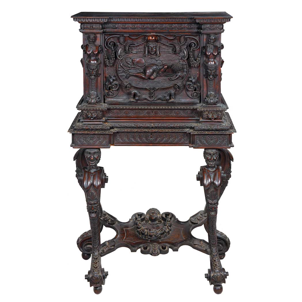 Appraisal: Continental Renaissance Style Walnut Cabinet on Stand The hinged fall