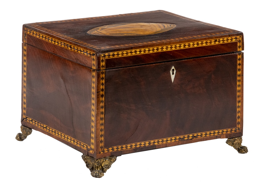 Appraisal: INLAID FOUR-COMPARTMENT TEA CADDY English th c Inlaid Rosewood Tea