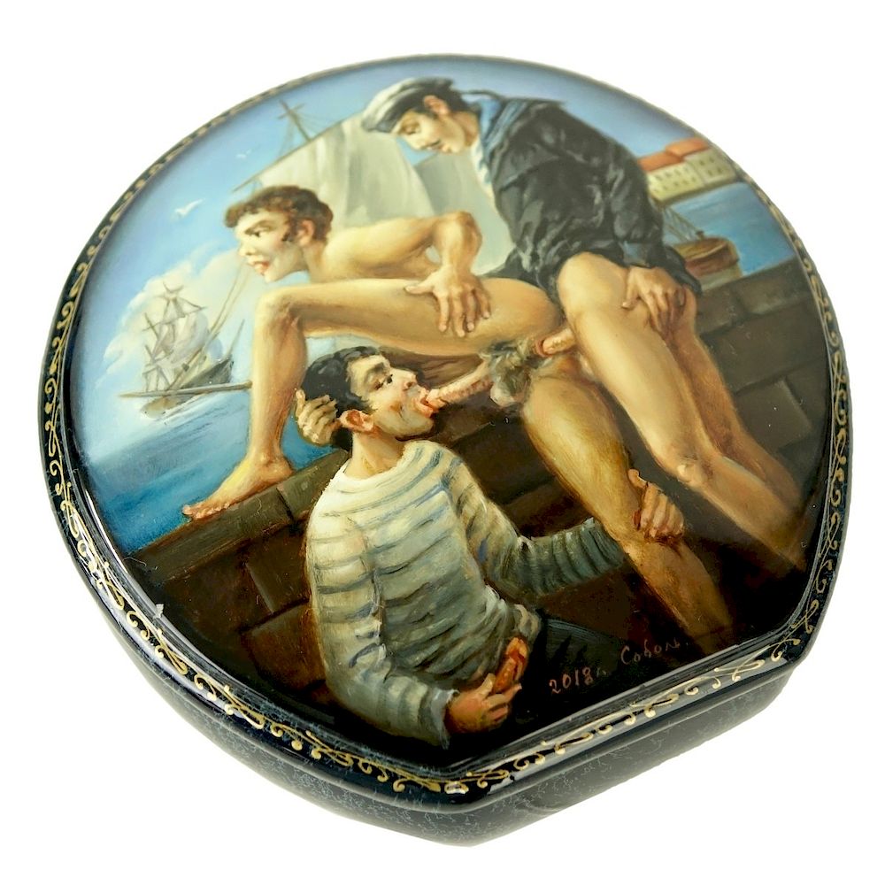 Appraisal: Russian Lacquer Hinged Box With Erotic Scenes Russian Lacquer Hinged