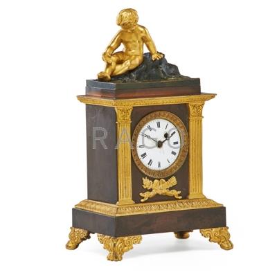 Appraisal: FRENCH BRONZE DRESSER CLOCK Porcelain dial surmounted by cherub th