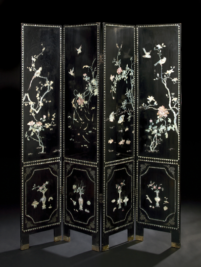 Appraisal: Chinese Four-Panel Tinted and Engraved Mother-of-Pearl-Inlaid Black Lacquer Screen in