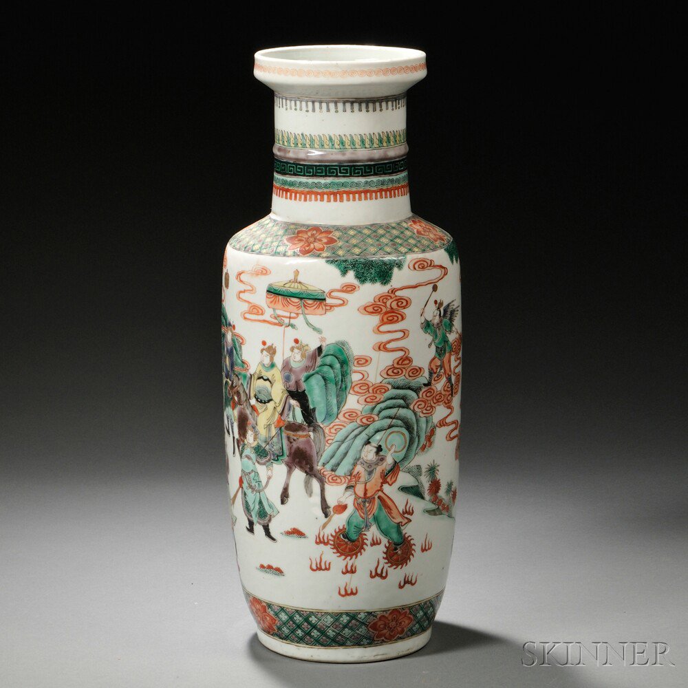 Appraisal: Famille Verte Vase China rouleau form decorated with a landscape