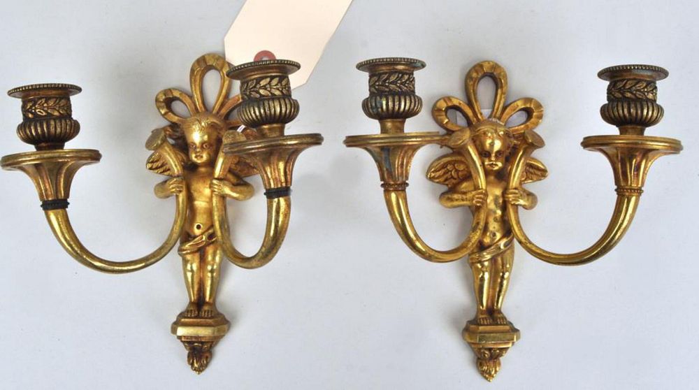 Appraisal: Pair Continental Style Figural Bronze Wall Sconces two arm form