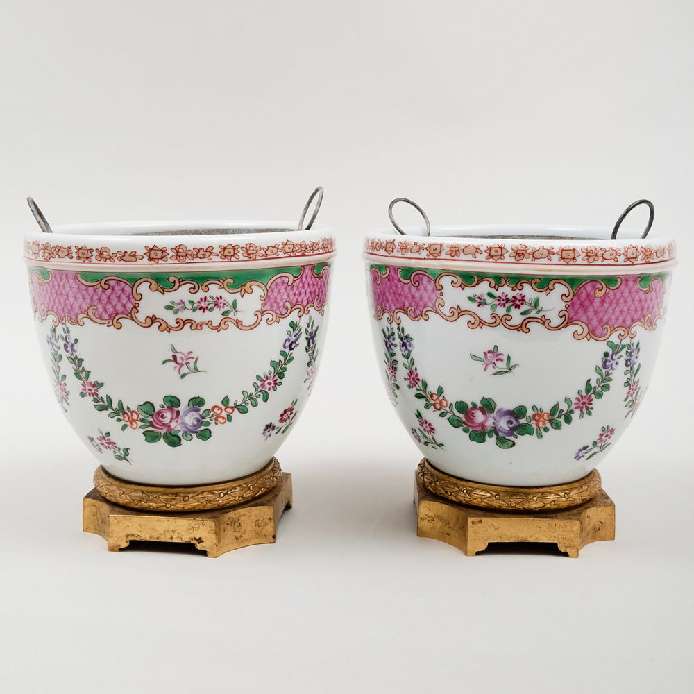 Appraisal: Pair of Chinese Export Style Porcelain Gilt-Metal-Mounted Jardini res With