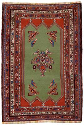 Appraisal: Embroidered Sumac rug piled olive ground with vase of flowers