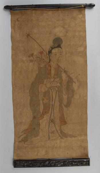 Appraisal: Oriental Double-Sided Hanging Painting on Cloth Description Circa s Cloth