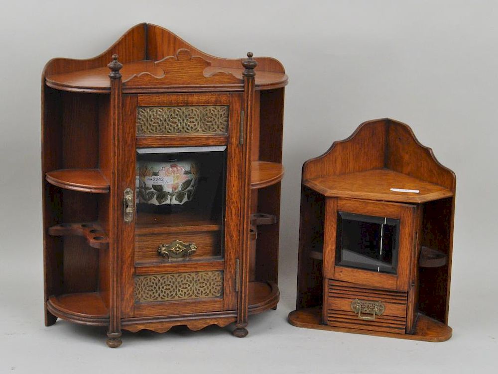 Appraisal: Two English Victorian Oak Tobacco Corner Cabinets with brass mounts