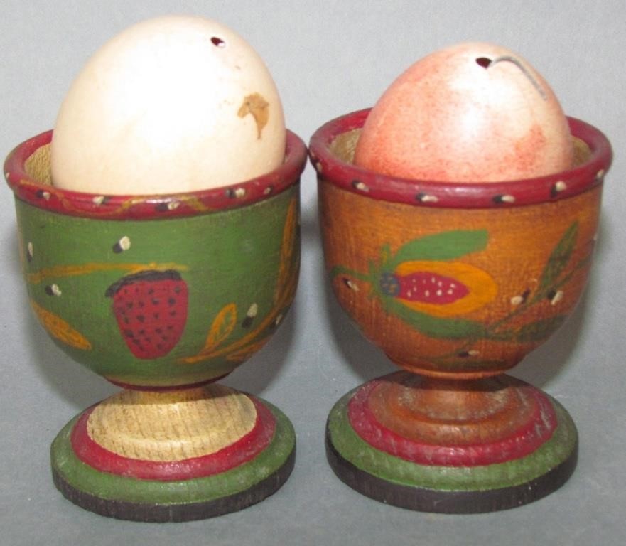 Appraisal: JUNE GOTTSHALL TURNED DECORATED EGG CUPSone initialed JG and dated