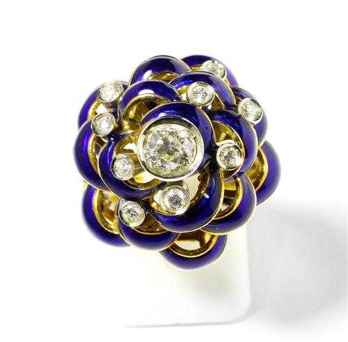 Appraisal: ENAMEL AND DIAMOND RING ca Yellow and white gold Fancy